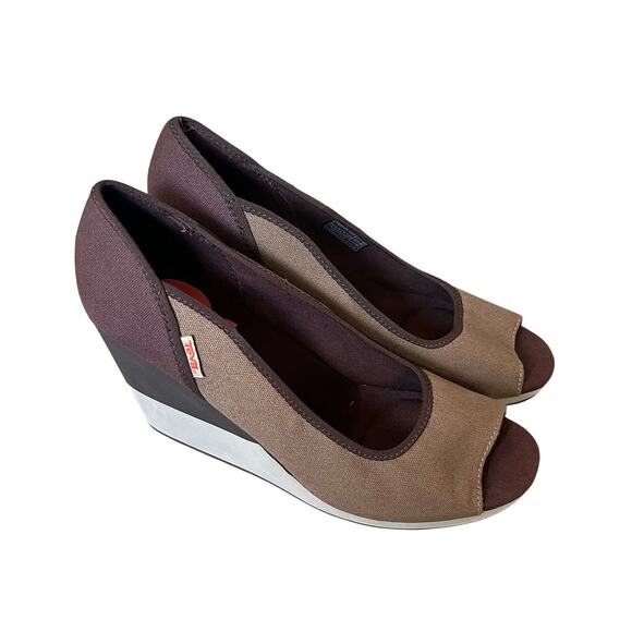 Teva Mush 'Promenade' Women's 10 Brown Canvas Platform Wedge Heel Peep Toe Shoe - Picture 1 of 10